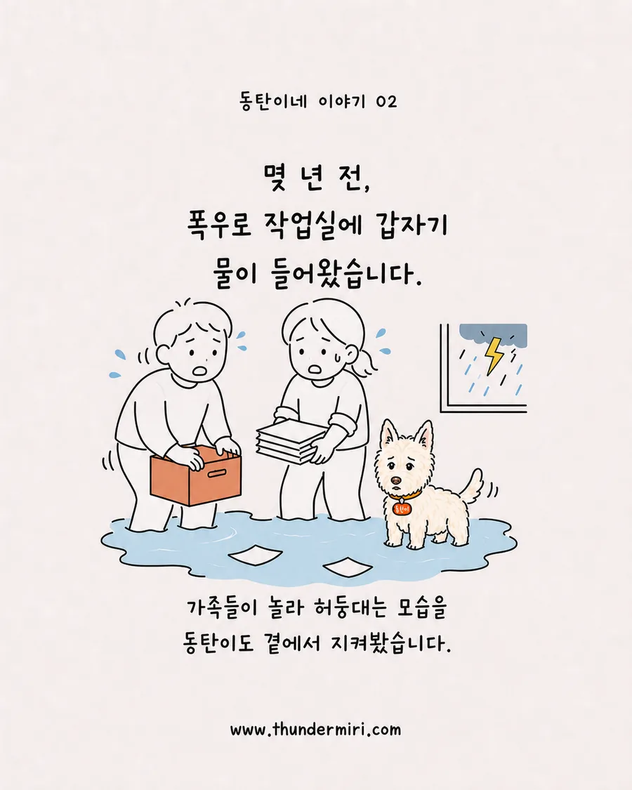 침수된 작업실과 놀란 가족들을 지켜보는 동탄이