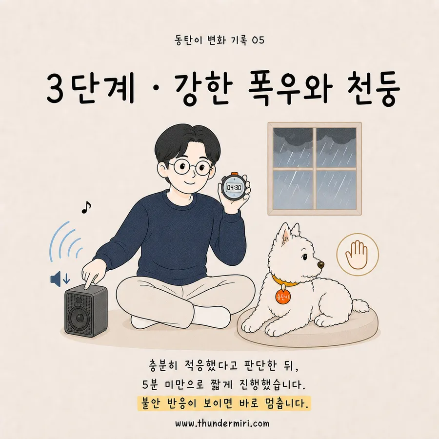 3단계, 강한 폭우와 천둥소리를 들려주는 장면